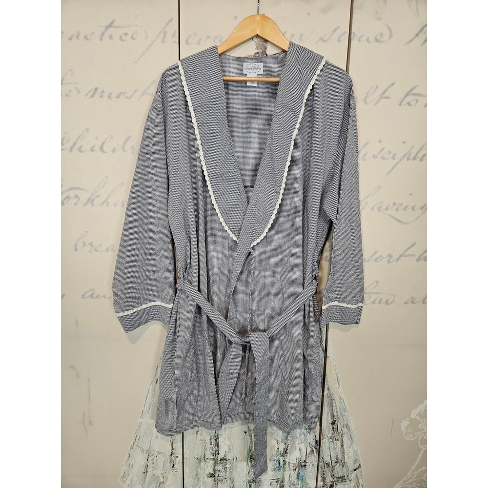 Lanz of Salzburg Gingham Lace‎ Trim Robe Navy Blue White L/XL Housecoat